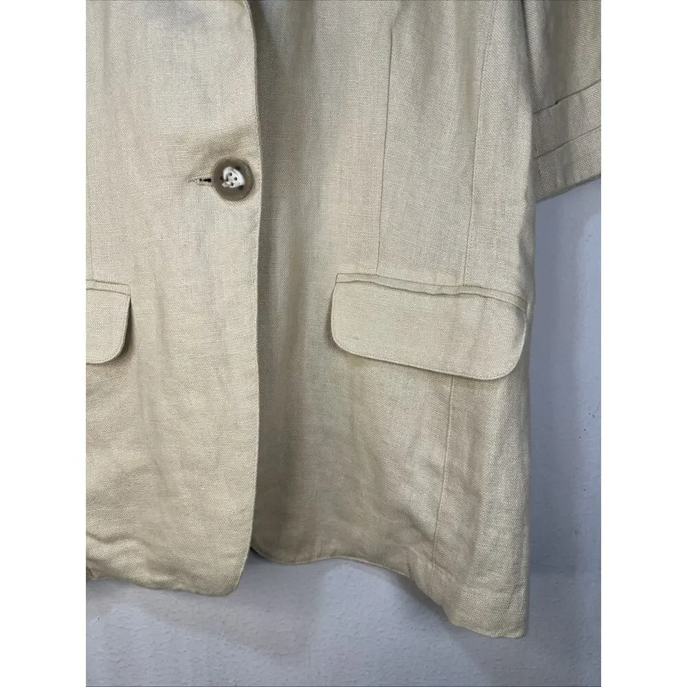 Cabi Tan 100% Linen One Button Academia blazer safari Jacket medium pleated #902 - Picture 2 of 11